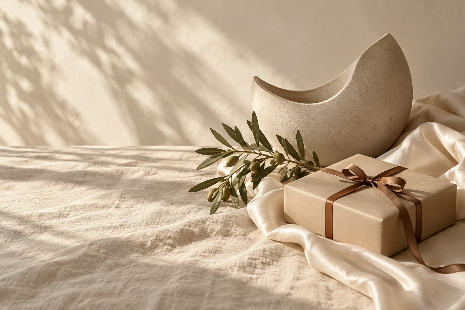 Cream linen, a ceramic vessel and a wrapped gift in soft daylight